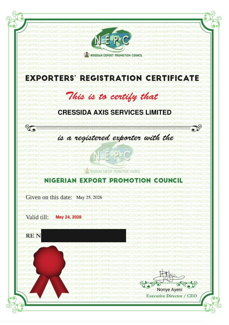 Exporters Registration Certificate issued by the Nigerian Export Promotion Council
