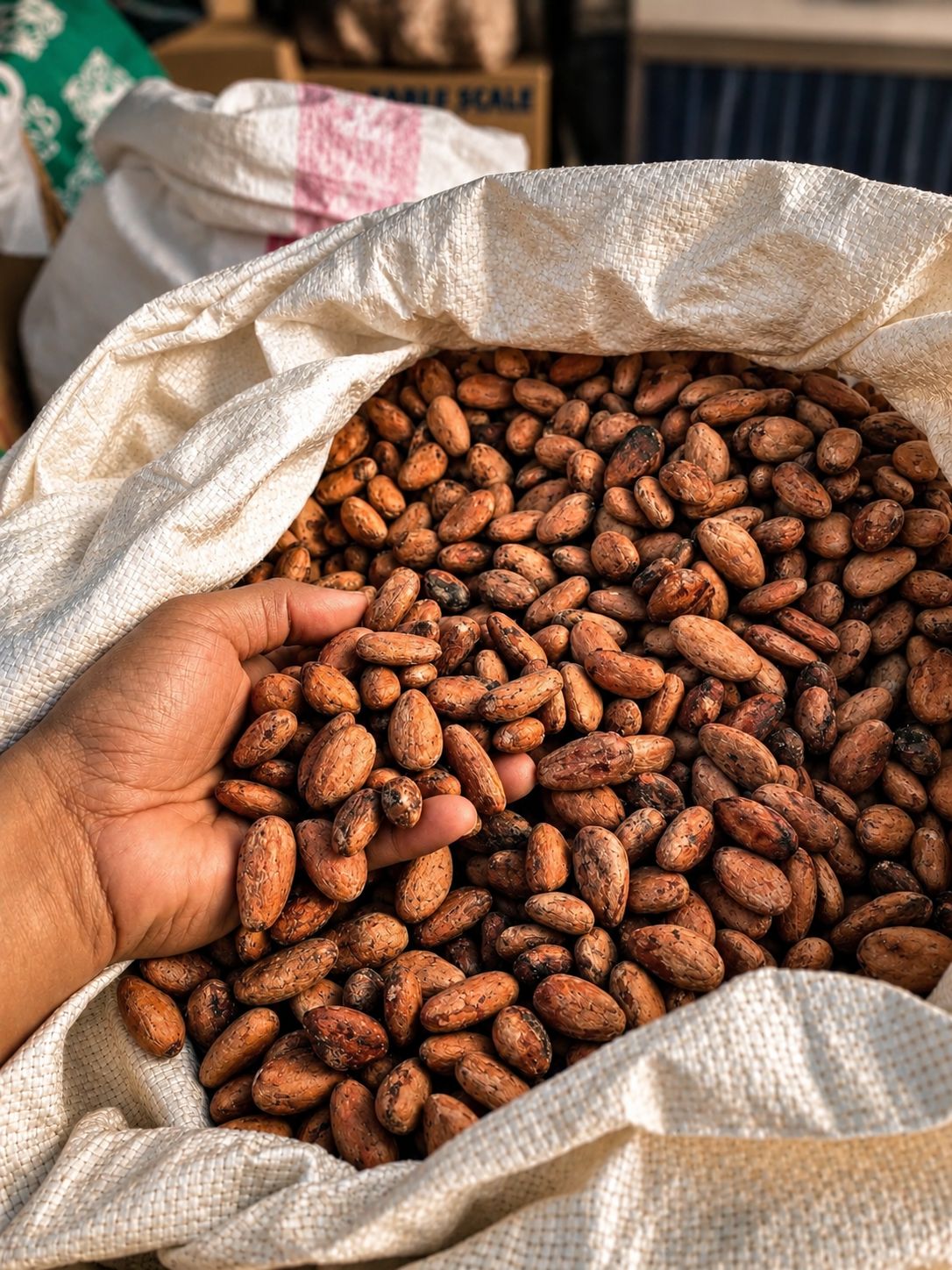A hand inspecting cocoa beans drawn from an open sack