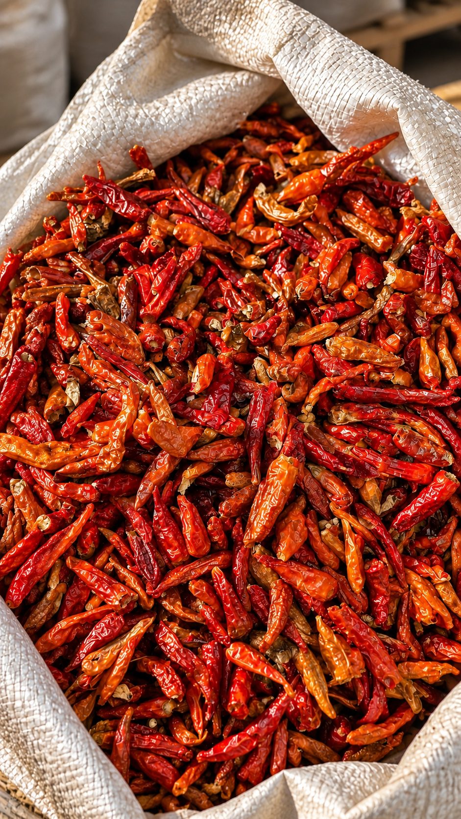 A sack filled with dried red peppers