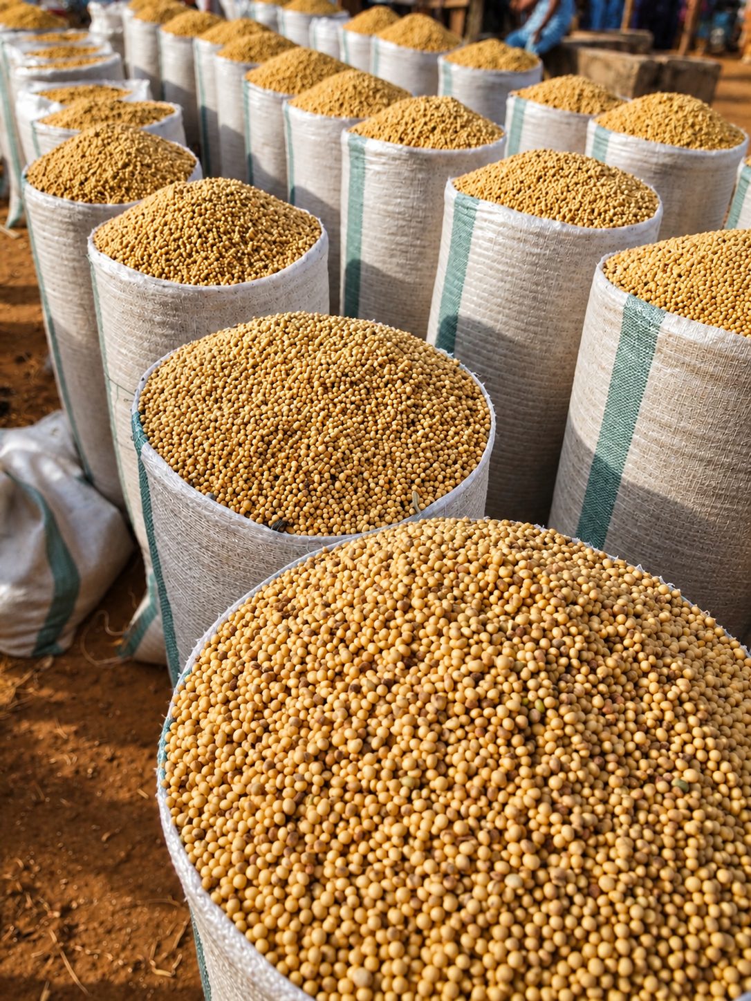 Rows of filled soybean sacks at an aggregation point