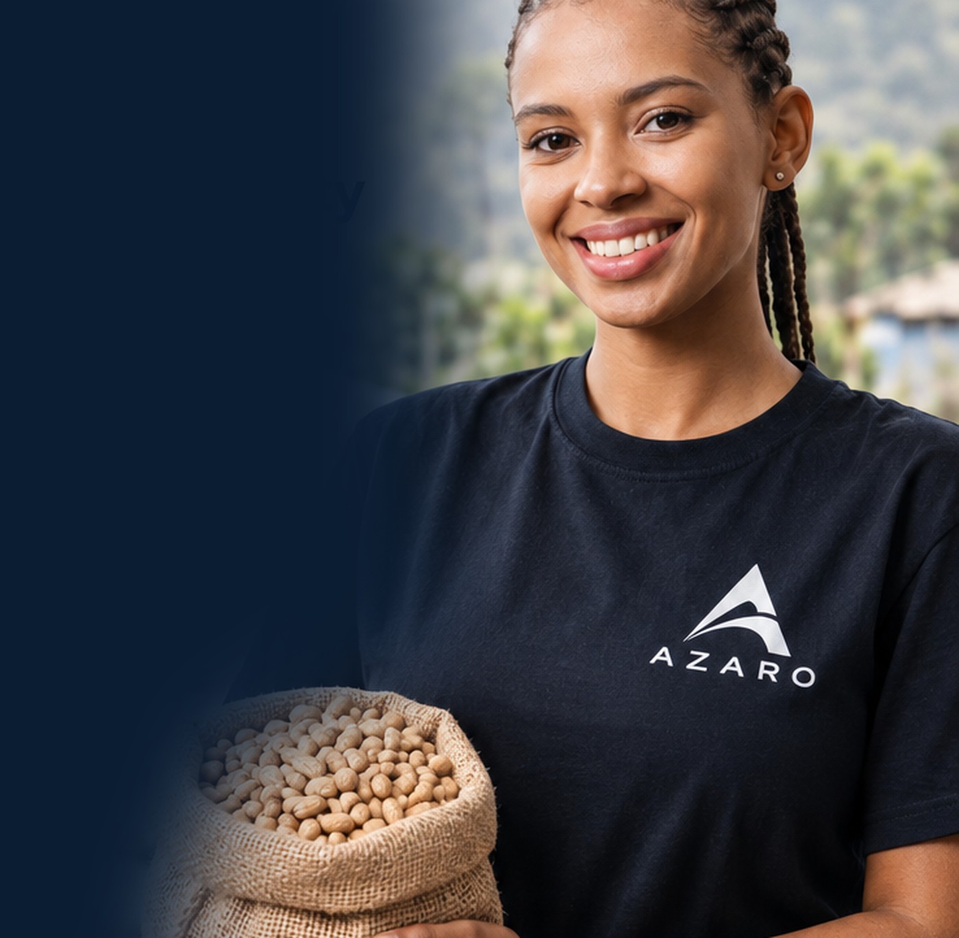 An AZARO representative holding a sack of commodity at a sourcing location