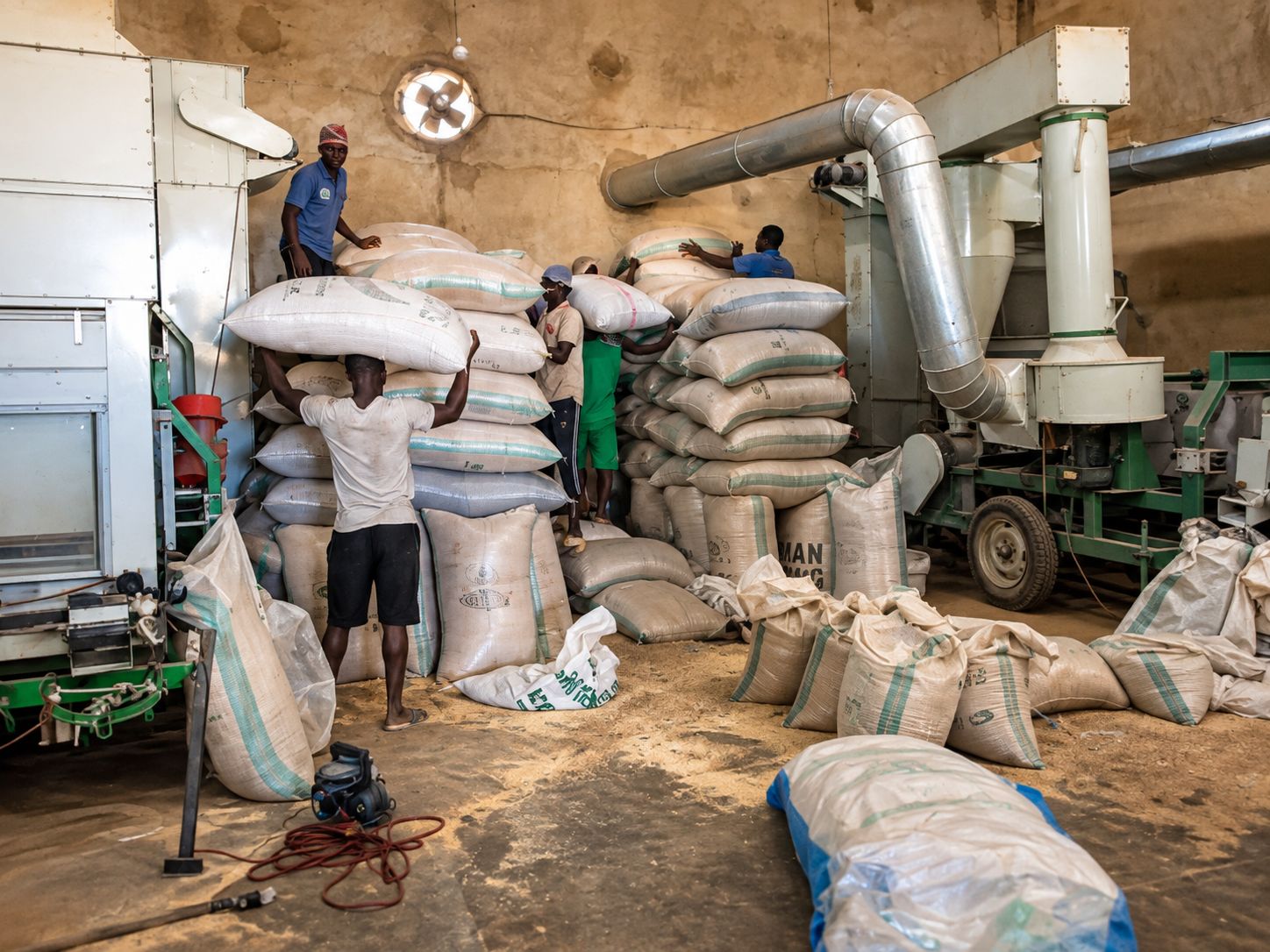 Workers bagging processed commodity at a facility