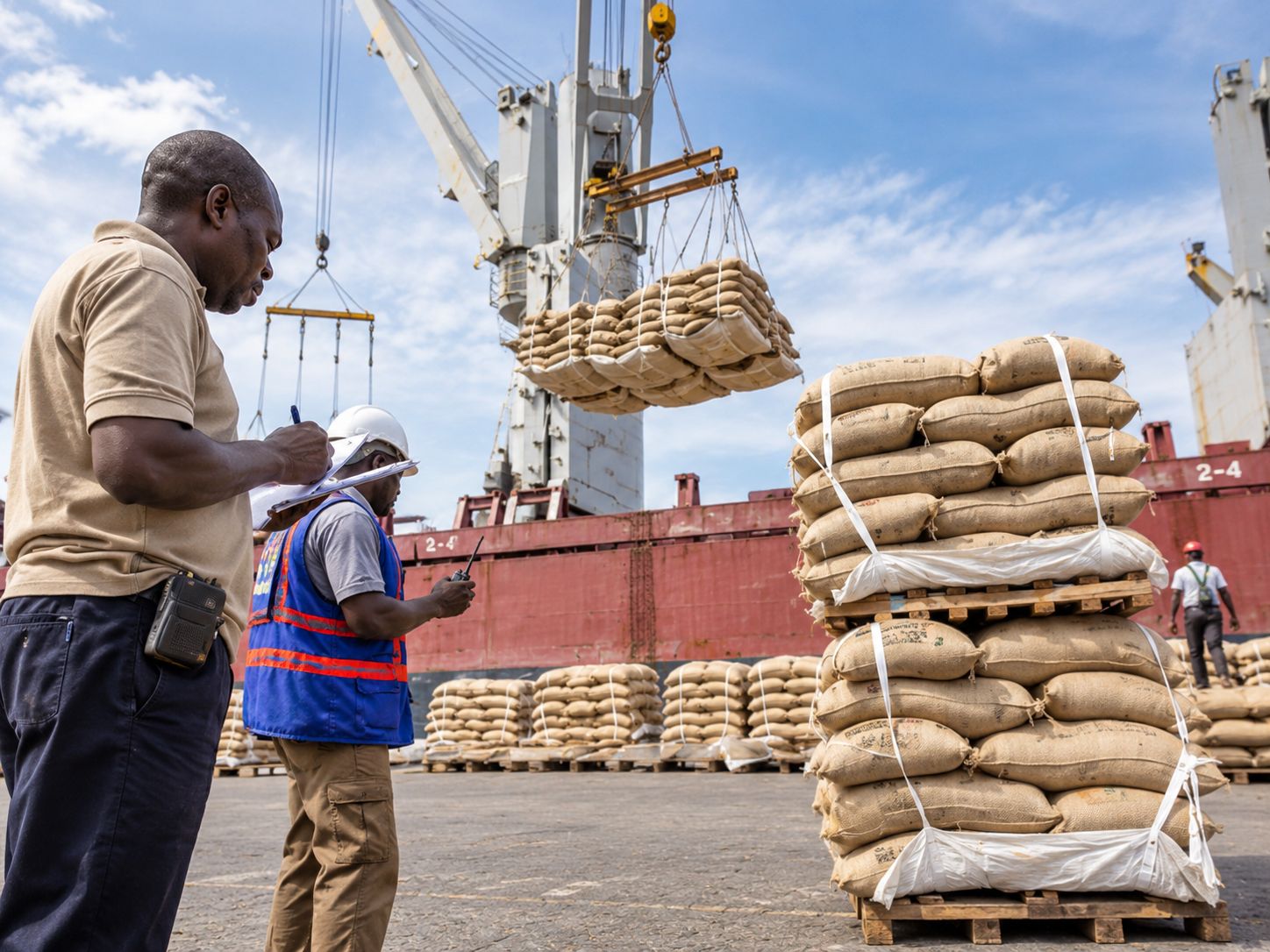Bagged commodity cargo being lifted during port loading