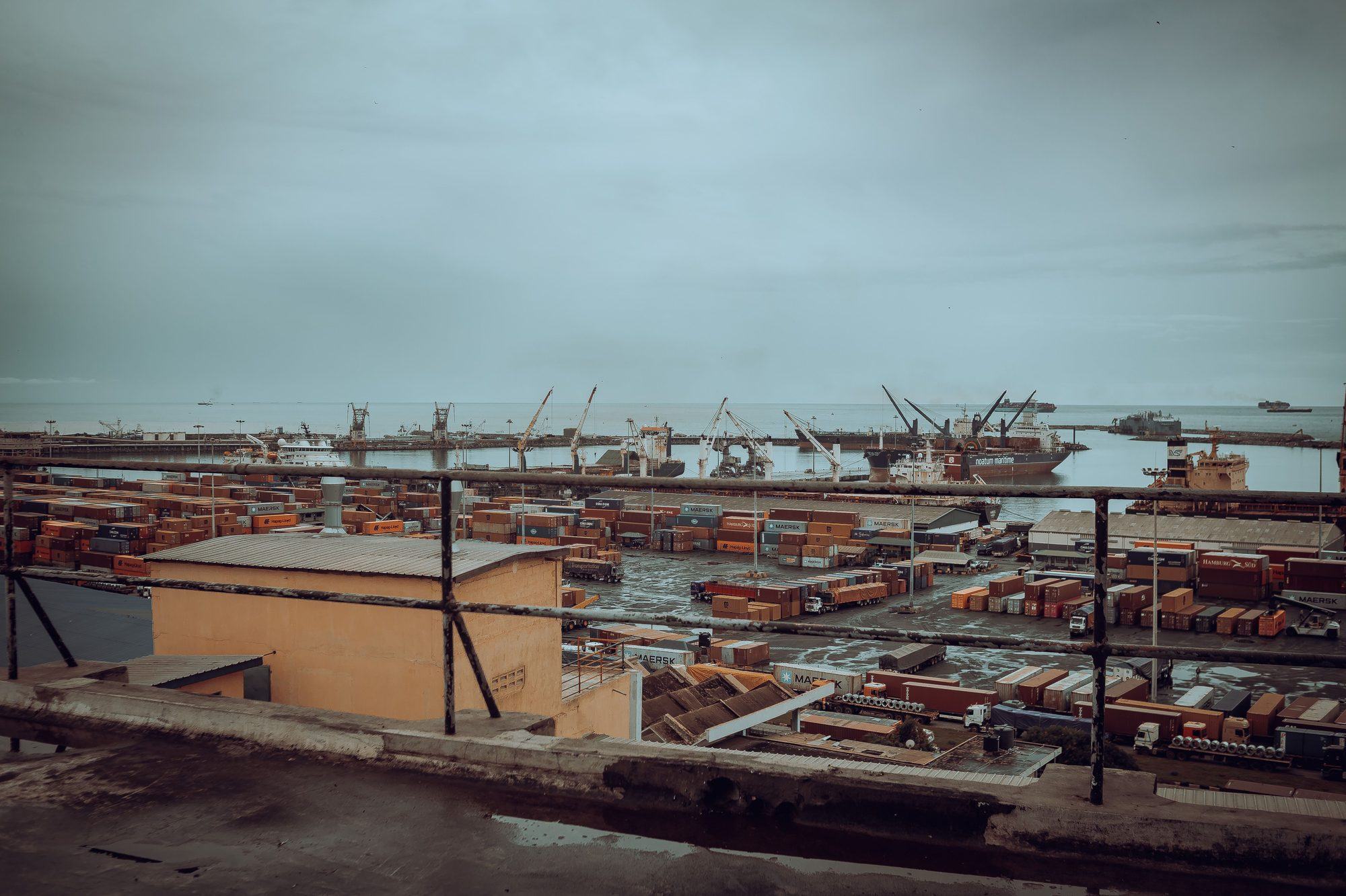 Container yard and vessels at a West African port
