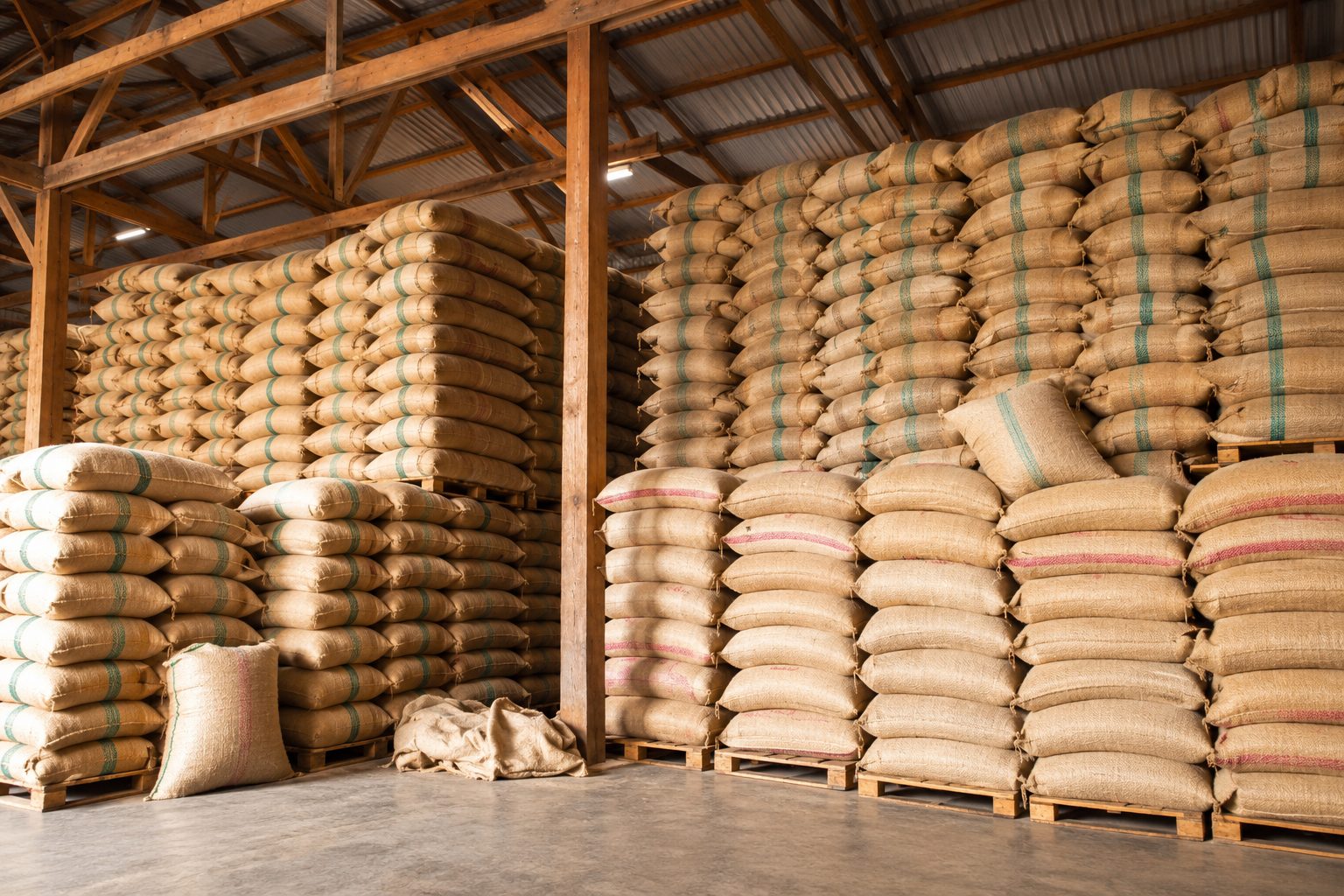 Jute sacks of commodity stacked in a warehouse