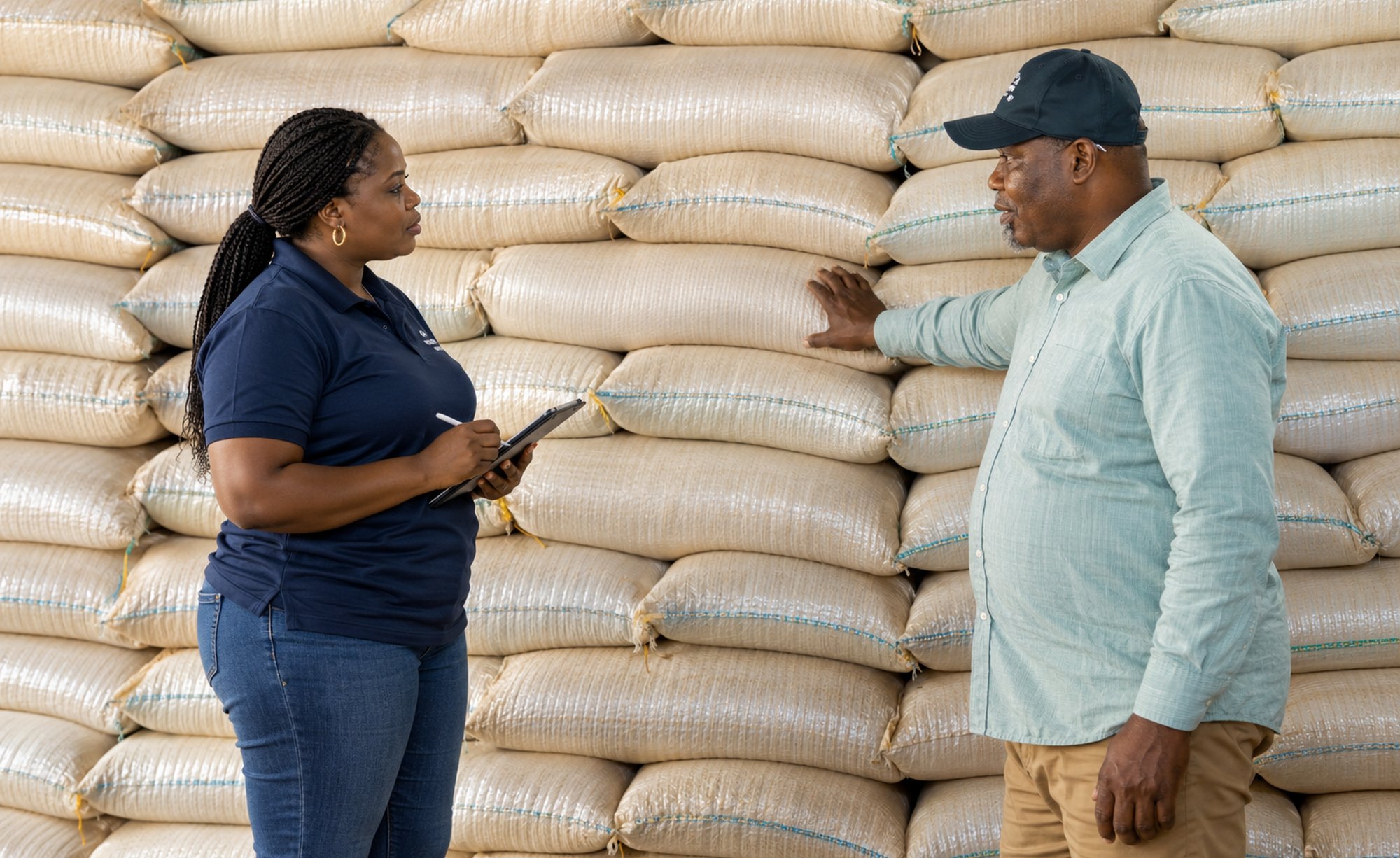 Two people in conversation beside a stacked wall of bagged commodity